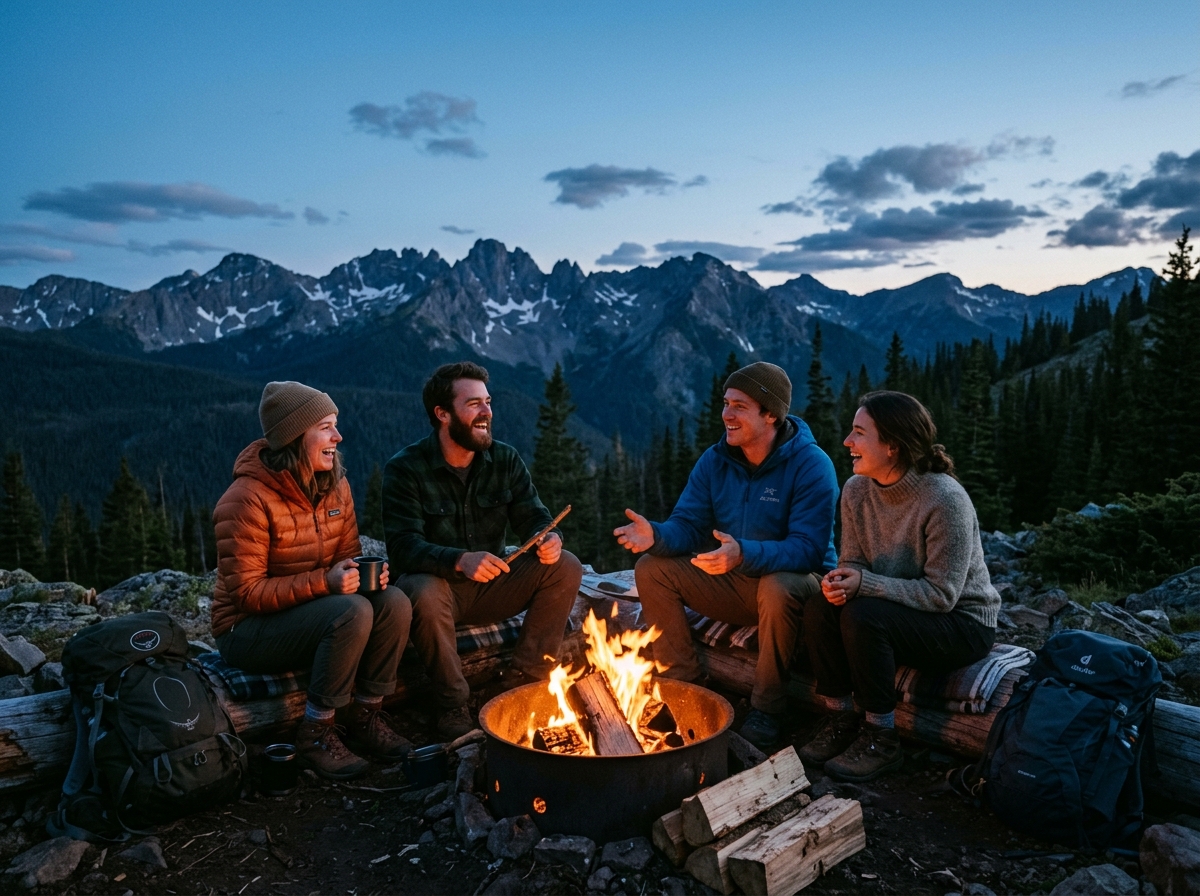 Group of friends gathered around campfire at dusk in the mountains