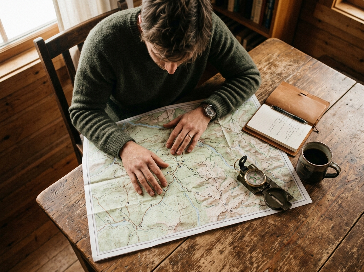 Person studying a topographic trail map on a wooden table with compass and notebook
