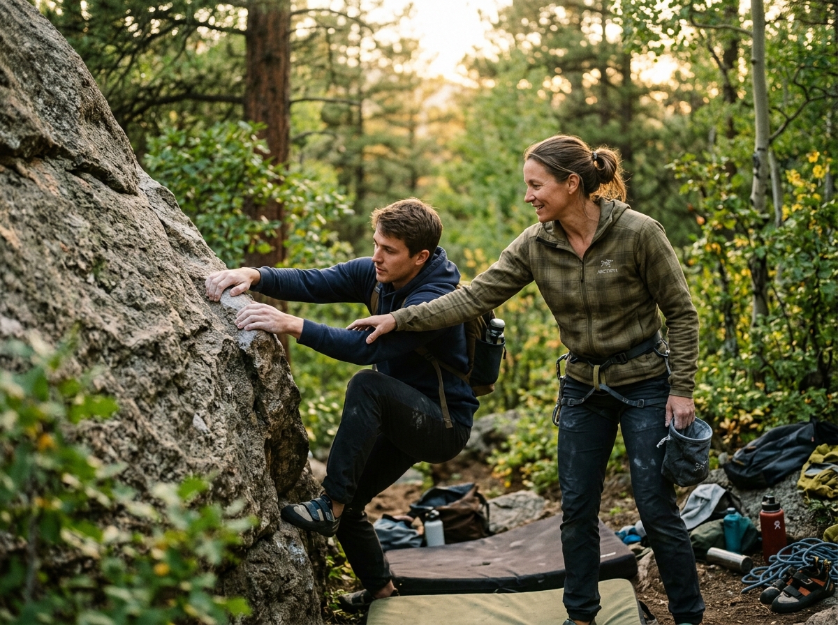 Climbing instructor teaching a beginner student on outdoor bouldering wall