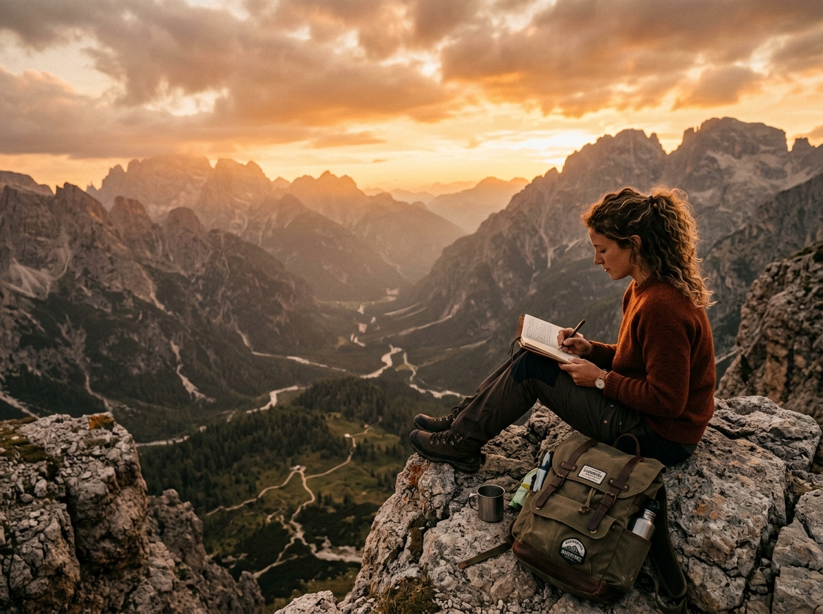 Person journaling on a cliff edge at sunset overlooking mountain valley